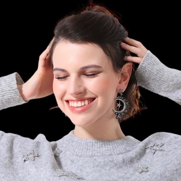 Star Crescent Moon Mismatched Silver Tone Smoky Crystal Dangle Earrings NWT - Picture 6 of 12